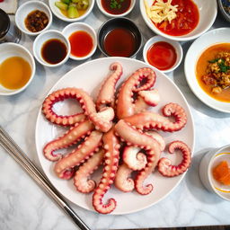 An overhead view of Sannakji, featuring freshly cut pieces of live octopus still moving on a white plate