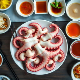 An overhead view of Sannakji, featuring freshly cut pieces of live octopus still moving on a white plate