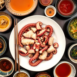 An overhead view of Sannakji, featuring freshly cut pieces of live octopus still moving on a white plate