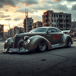 An exotic supercar that creatively merges the classic design of a 1939 Chevrolet Coupe widebody with the rugged, post-apocalyptic style of a futuristic BMW SUV