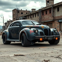 An exotic supercar that creatively merges the classic design of a 1939 Chevrolet Coupe widebody with the rugged, post-apocalyptic style of a futuristic BMW SUV