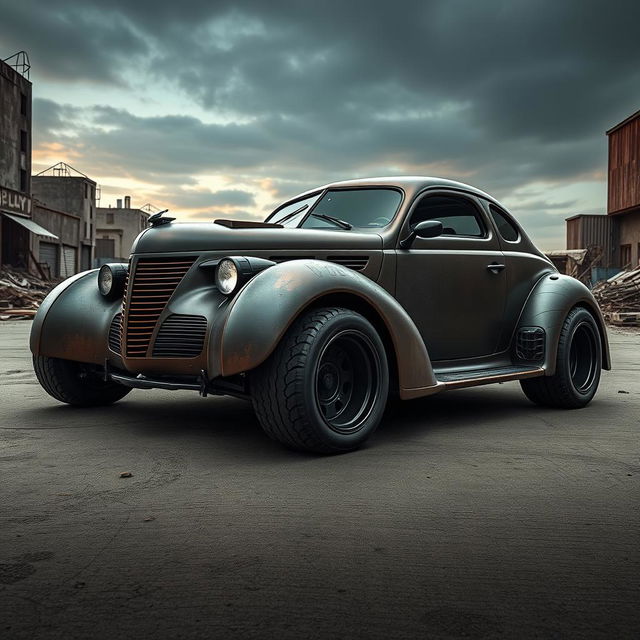 An exotic supercar that creatively merges the classic design of a 1939 Chevrolet Coupe widebody with the rugged, post-apocalyptic style of a futuristic BMW SUV