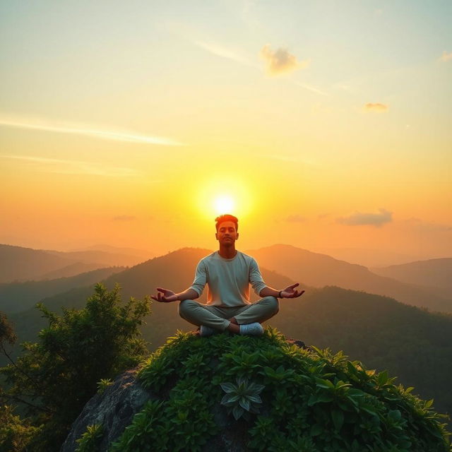 A serene setting depicting personal development and self-improvement, featuring a person meditating on a mountaintop surrounded by lush greenery