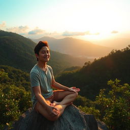 A serene setting depicting personal development and self-improvement, featuring a person meditating on a mountaintop surrounded by lush greenery