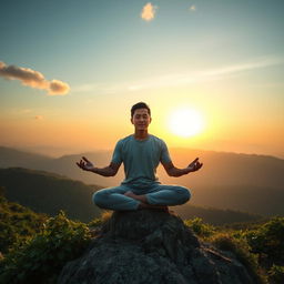 A serene setting depicting personal development and self-improvement, featuring a person meditating on a mountaintop surrounded by lush greenery