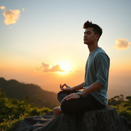 A serene setting depicting personal development and self-improvement, featuring a person meditating on a mountaintop surrounded by lush greenery