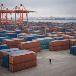 Visualize a port scene where containers are abandoned due to high tariffs. Show the economic downturn with closed factories and unemployed workers in the background.