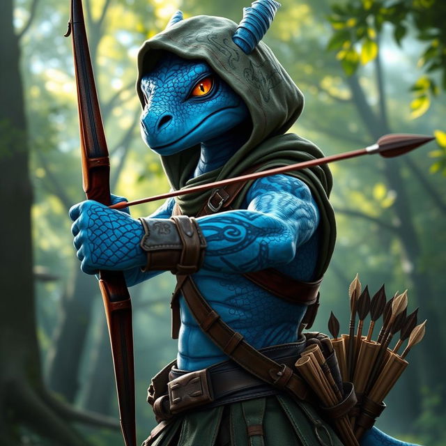 A majestic blue dragonborn character wearing detailed ranger clothing, complete with a hood and leather armor