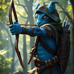 A majestic blue dragonborn character wearing detailed ranger clothing, complete with a hood and leather armor