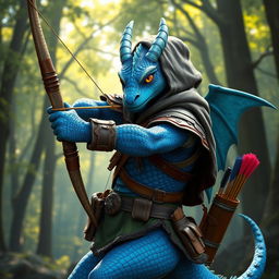 A majestic blue dragonborn character wearing detailed ranger clothing, complete with a hood and leather armor