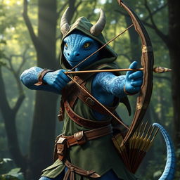 A majestic blue dragonborn character wearing detailed ranger clothing, complete with a hood and leather armor