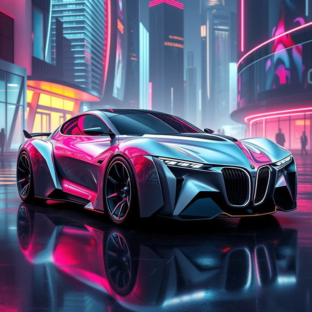 An avant-garde exotic supercar merging the iconic design of a 1939 Chevrolet Coupe widebody with the sleek, futuristic features of a BMW SUV