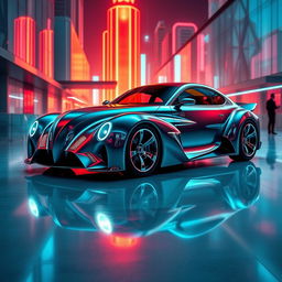 An avant-garde exotic supercar merging the iconic design of a 1939 Chevrolet Coupe widebody with the sleek, futuristic features of a BMW SUV