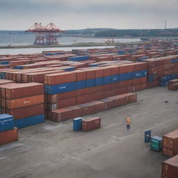 Visualize a port scene where containers are abandoned due to high tariffs. Show the economic downturn with closed factories and unemployed workers in the background.