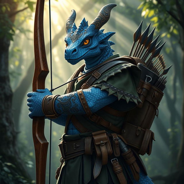 A striking blue dragonborn character clad in heavy, intricately designed ranger clothing, featuring layered armor made of leather and reinforced fabric