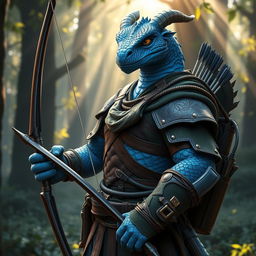 A striking blue dragonborn character clad in heavy, intricately designed ranger clothing, featuring layered armor made of leather and reinforced fabric