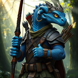 A striking blue dragonborn character clad in heavy, intricately designed ranger clothing, featuring layered armor made of leather and reinforced fabric