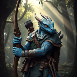 A striking blue dragonborn character clad in heavy, intricately designed ranger clothing, featuring layered armor made of leather and reinforced fabric