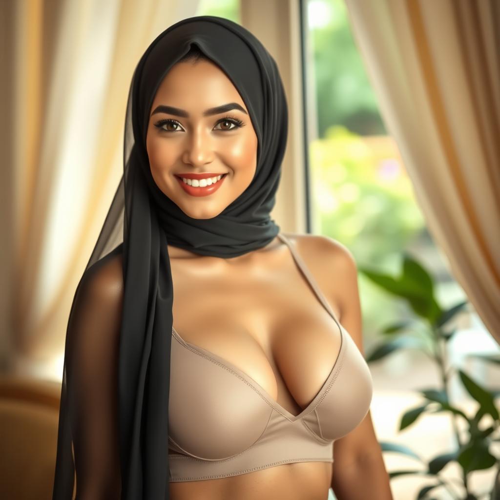 A beautiful woman wearing a stylish hijab that complements her tank top and modern bra, confidently showcasing her figure with big breasts