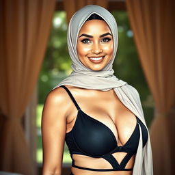 A beautiful woman wearing a stylish hijab that complements her tank top and modern bra, confidently showcasing her figure with big breasts