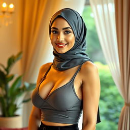 A beautiful woman wearing a stylish hijab that complements her tank top and modern bra, confidently showcasing her figure with big breasts