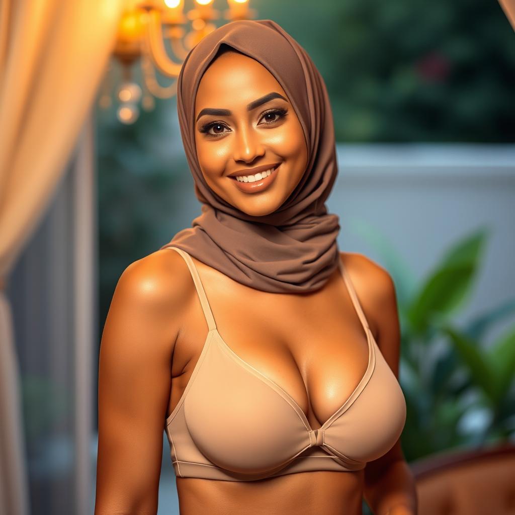 A beautiful woman wearing a stylish hijab that complements her tank top and modern bra, confidently showcasing her figure with big breasts