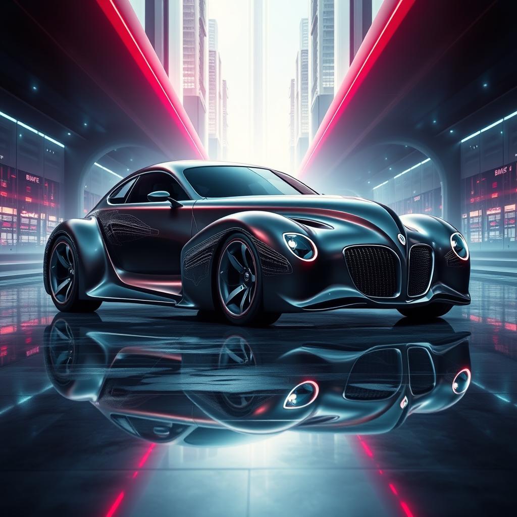 An exotic supercar that fuses the classic elegance of a 1939 Chevrolet Coupe widebody with the sleek, futuristic design elements of a BMW, creating an avant-garde masterpiece