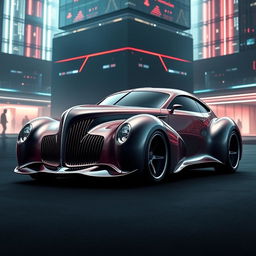 An exotic supercar that fuses the classic elegance of a 1939 Chevrolet Coupe widebody with the sleek, futuristic design elements of a BMW, creating an avant-garde masterpiece