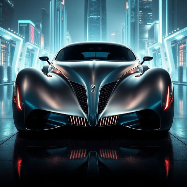 An exotic supercar that fuses the classic elegance of a 1939 Chevrolet Coupe widebody with the sleek, futuristic design elements of a BMW, creating an avant-garde masterpiece