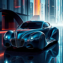 An exotic supercar that fuses the classic elegance of a 1939 Chevrolet Coupe widebody with the sleek, futuristic design elements of a BMW, creating an avant-garde masterpiece