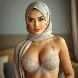 A beautiful woman wearing an elegant hijab that stylishly complements her intricate lingerie, which features delicate motifs