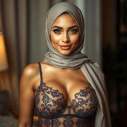 A beautiful woman wearing an elegant hijab that stylishly complements her intricate lingerie, which features delicate motifs