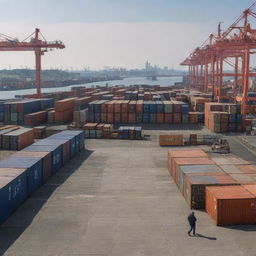 Visualize a port scene where containers are abandoned due to high tariffs. Show the economic downturn with closed factories and unemployed workers in the background.