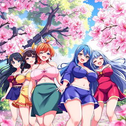 Anime-style illustration featuring a group of voluptuous female characters with large breasts, each with distinct and colorful outfits