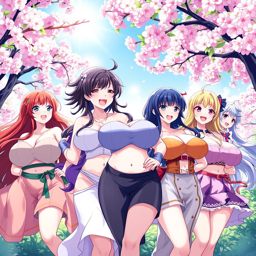 Anime-style illustration featuring a group of voluptuous female characters with large breasts, each with distinct and colorful outfits