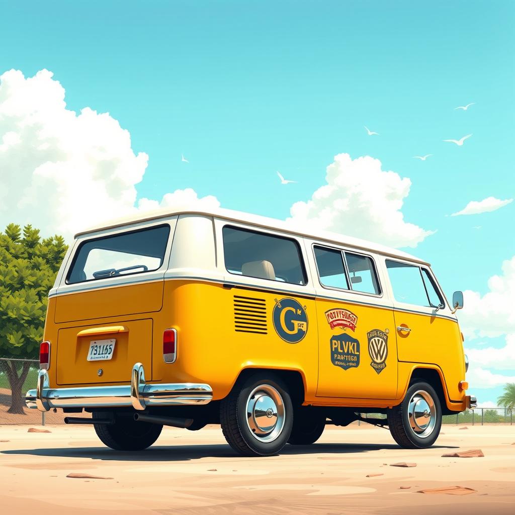 A detailed illustration of a classic 2D Volkswagen Combi van, showcasing a right side view