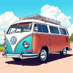 A detailed illustration of a classic 2D Volkswagen Combi van, showcasing a right side view