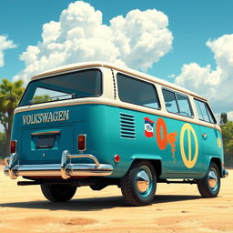 A detailed illustration of a classic 2D Volkswagen Combi van, showcasing a right side view