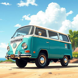 A detailed illustration of a classic 2D Volkswagen Combi van, showcasing a right side view