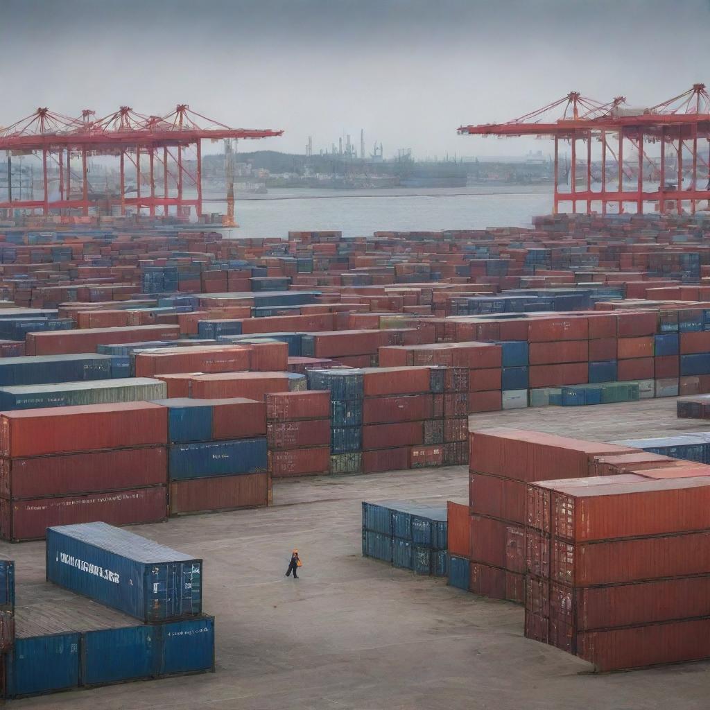 Visualize a port scene where containers are abandoned due to high tariffs. Show the economic downturn with closed factories and unemployed workers in the background.