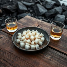 A plate of Hákarl, fermented shark meat cut into small white cubes, showcasing a slightly translucent texture