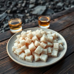 A plate of Hákarl, fermented shark meat cut into small white cubes, showcasing a slightly translucent texture