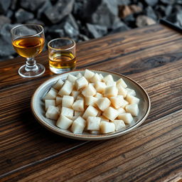 A plate of Hákarl, fermented shark meat cut into small white cubes, showcasing a slightly translucent texture