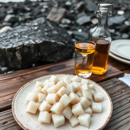 A plate of Hákarl, fermented shark meat cut into small white cubes, showcasing a slightly translucent texture