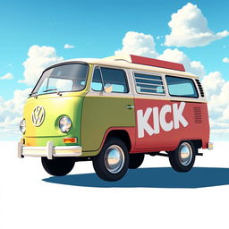 A detailed illustration of a classic 2D Volkswagen Combi van, showcasing a full right side view