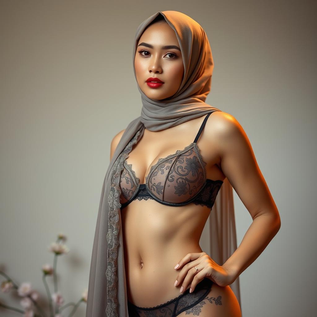 An Indonesian female model wearing elegant lingerie along with a beautifully styled hijab, showcasing a unique blend of cultural grace and sensuality