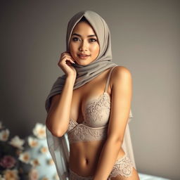 An Indonesian female model wearing elegant lingerie along with a beautifully styled hijab, showcasing a unique blend of cultural grace and sensuality