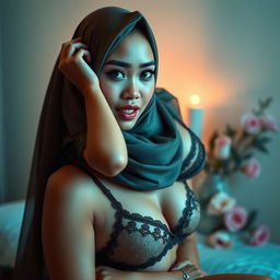 An Indonesian female model wearing elegant lingerie along with a beautifully styled hijab, showcasing a unique blend of cultural grace and sensuality