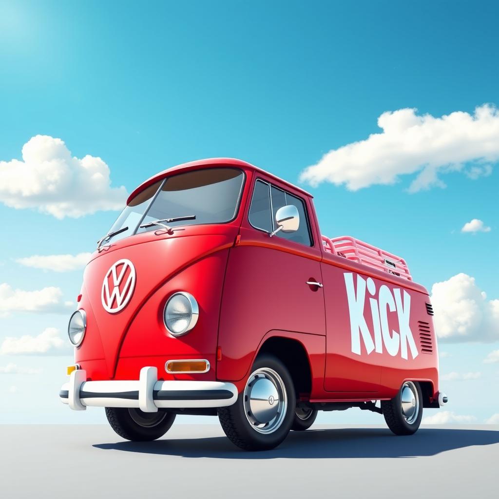 A vibrant illustration of a classic 2D red Volkswagen Combi van, portrayed in a full view from a 90° right side angle