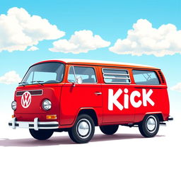 A vibrant illustration of a classic 2D red Volkswagen Combi van, portrayed in a full view from a 90° right side angle